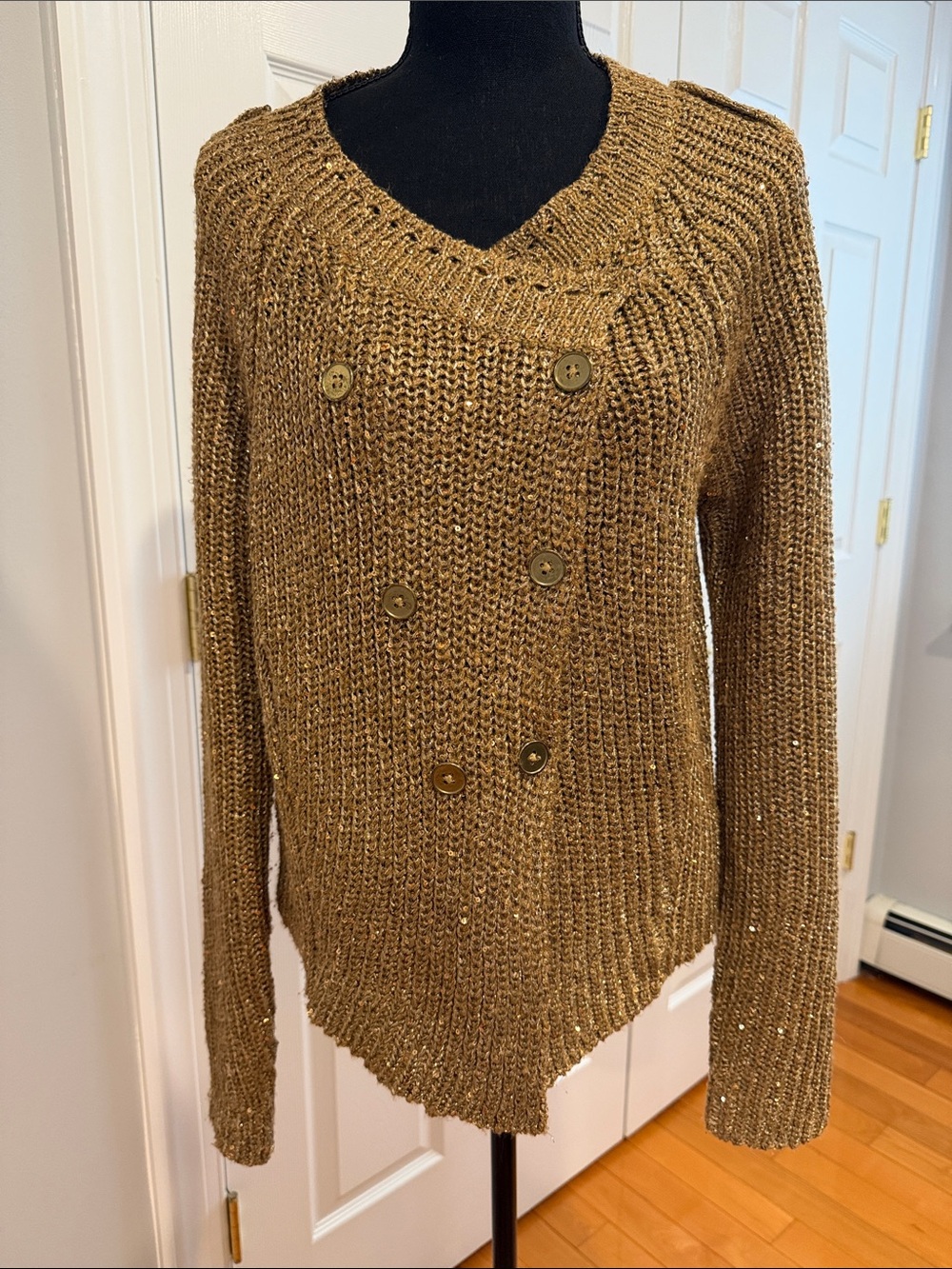 Jennifer Lopez Metallic Gold V-Neck Double-Breasted Sweater